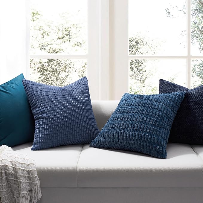 Softalker Throw Pillow Covers 16x16 Inch, Set of 2, Soft Corduroy Boho Stripe Decorative Pillow Cover, Couch Fluffy Pillow Cover for Farmhouse Home Decor Bed Living Room, Blue