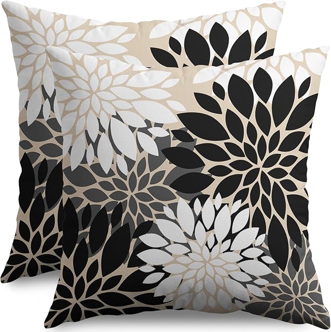 Black White Grey Gray Pillow Covers 20X20 Inch Set of 2, Modern Geometry Dahlia Floral Print Decorative Throw Pillow Covers Outdoor Farmhouse Cushion Case for Home Couch Sofa Bed Decoration