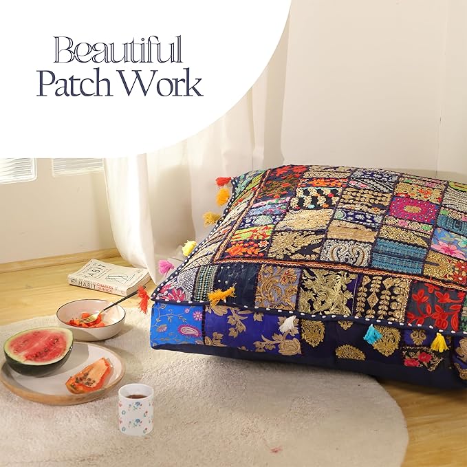 THE ART BOX Cotton Patchwork Vintage Boho Embroidered Floor Pillows & Cushion Cover Dog Pouf Seating Pouf Meditation Pillow Pet Bedding Cat Bed Boho Home Décor (35x35 Inches, Cover Only)