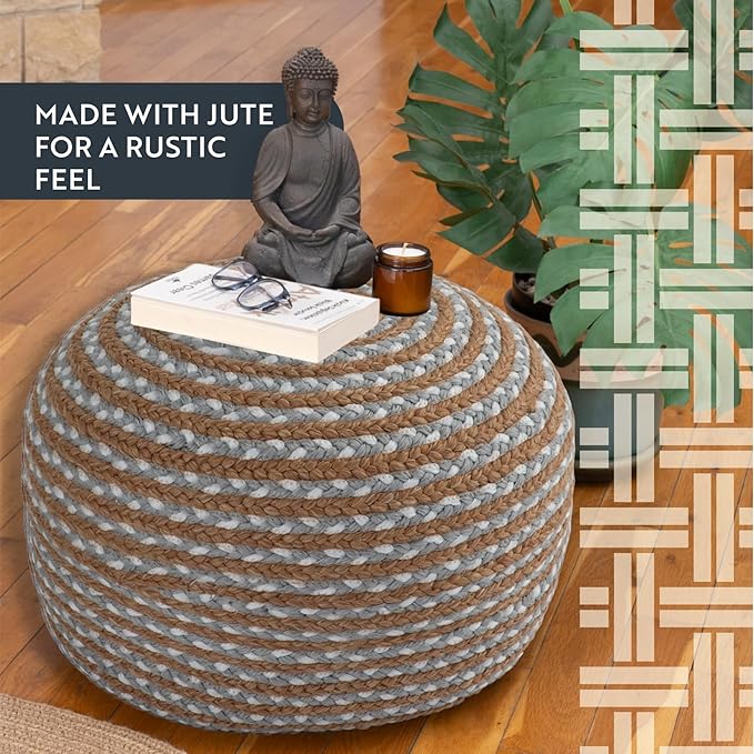 Round Ottoman Pouf Footstool Jute Pouffe Stool Seat Cushion Boho Home Decor Extra Seating Pouffe for Living Room, Bedroom, Indoor, Artic Circle 22x22x12 inch, Natural-Cold Blue