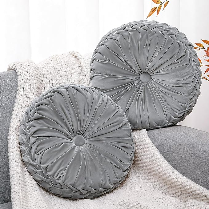 2 Pcs Round Throw Pillows 15 Inch Decorative Velvet Pleated Pumpkin Pillows Boho Floor Pillow with Center Button for Living Room Couch Chair Bed Sofa Home Decoration (Gray)