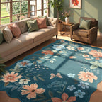 Lahome Floral Washable 6x9 Area Rugs, Soft Bedroom Rug for Living Room Ultra-Thin Non Slip Dining Room Rug, Stain Resistant Boho Blue Rugs Throw Carpet for Office Flore (6'x9',Navy Blue)