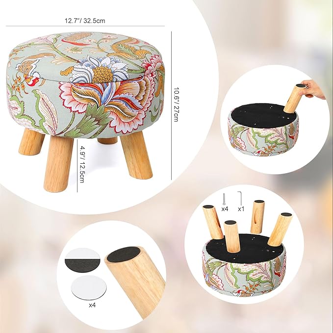 Round Storage Ottoman with Reversible Tray Lid, 12.7 "W x 10.6 "H Upholstered Footrest Pouf with Anti-slip & Scratch-resistant Foot Pads, Stain-Resistant Fabric Pouf, for Living Room, Bedroom, Dorm
