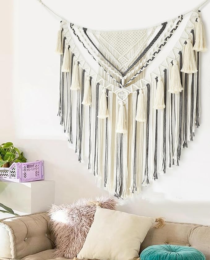 Jakalin Macrame Wall Hanging Grey Small Macrame Wall Decor Panels Handmade Wall Art Home Living Room Bedroom Decor,31" Wx 39" L
