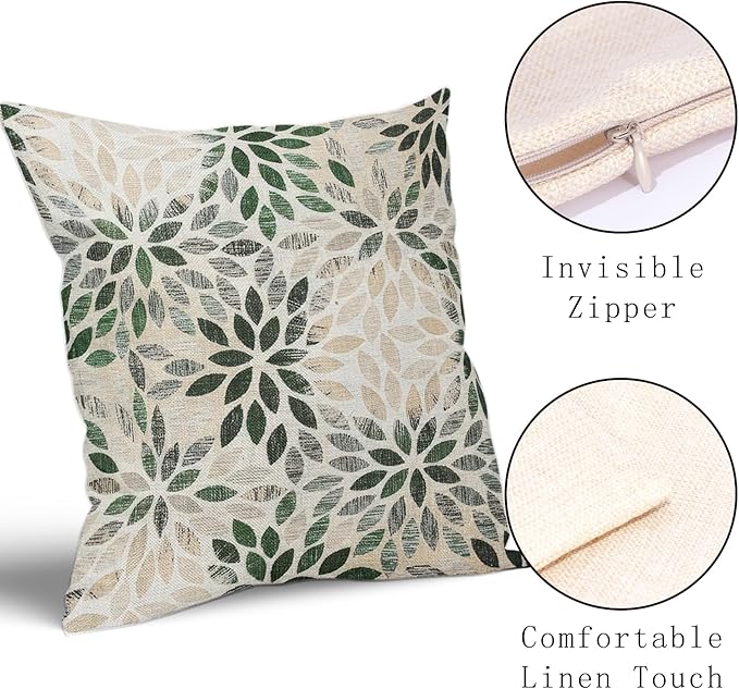 Kawani Green Dahlia Throw Pillow Covers 22x22 Inch Rustic Geometric Flower Decorative Square Pillow Cases Beige Tan Gray Floral Cushion Covers Farmhouse Home Decor for Sofa Couch Outdoor Set of 2