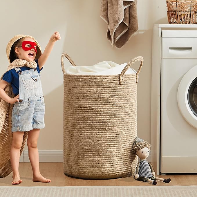 80L Extra Large Jute Woven Hamper Laundry Basket Wicker Rope Clothes Hamper for Baby Nursery Kids Tall Rattan Blanket Basket in Living Room Bedroom 16"D x 22"H