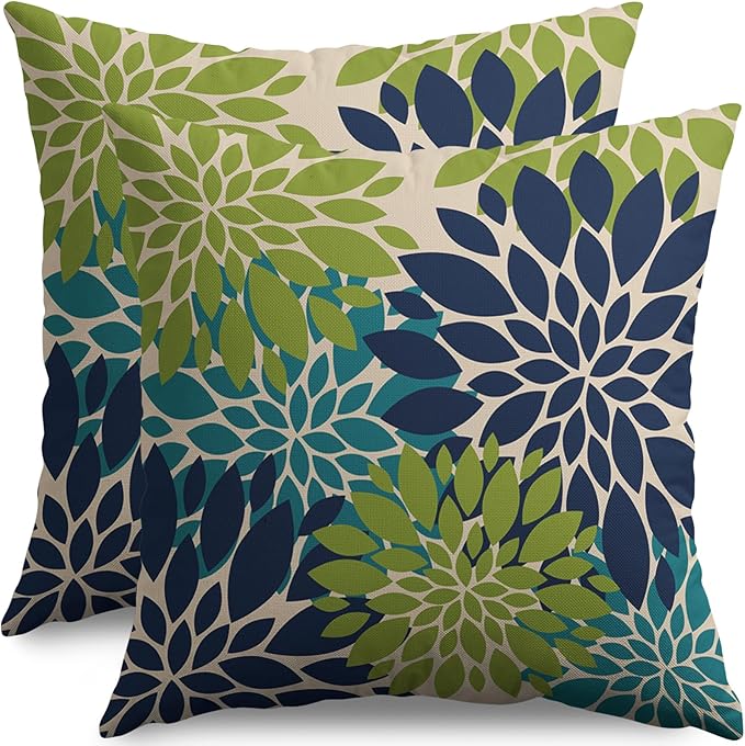 Navy Blue Green Teal Pillow Covers 20X20 Inch Set of 2, Modern Geometry Dahlia Floral Print Decorative Throw Pillow Covers Outdoor Farmhouse Cushion Case for Home Couch Sofa Bed Decoration