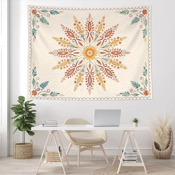Accnicc Boho Floral Mandala Tapestry for Bedroom Bohemian Flower Wall Tapestry Aesthetic Small Watercolor Yellow Beige Hippie Indian Tapestries Wall Hanging for Living Room Dorm Decor 48 x 32 Inch