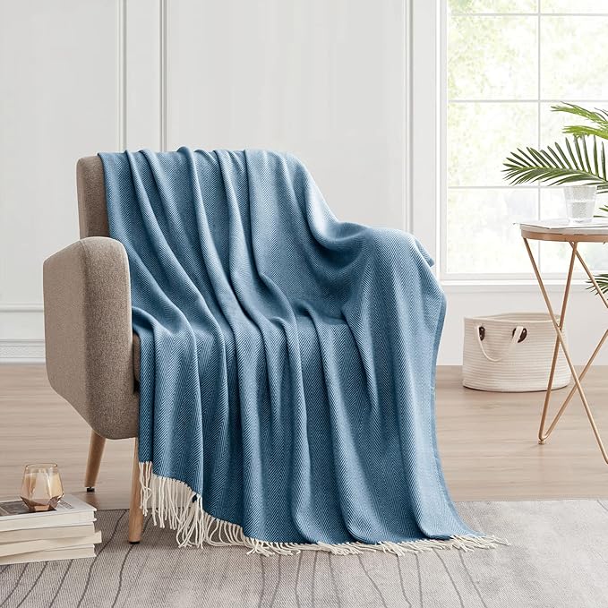 BOURINA Decorative Herringbone Faux Cashmere Fringe Throw Blanket Lightweight Soft Cozy for Bed or Sofa Farmhouse Outdoor Throw Blankets, 50" x 60", Navy