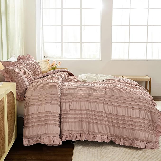 WONGS BEDDING Pink Comforter Set King,3 Pieces Ruffle Farmhouse Shabby Chic Boho Comforter for King Bed,Soft Textured Bedding Set with 1 Ruffle Comforter,2 Tufted Pillowcases 104"×90"