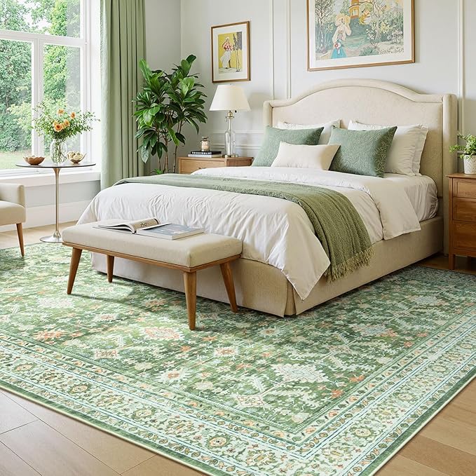 Lessymo Washable Area Rug for Living Room,8x10 Light Green Large Rugs with Non-Slip Backing,Soft Boho Carpets for Bedroom Dining Room Nursery Home Office