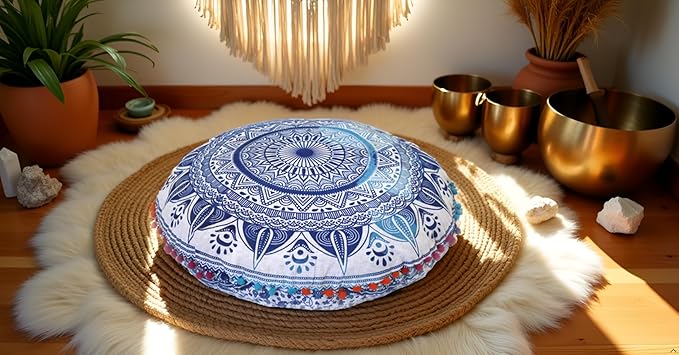 CRAFT KALA 22" Round Mandala Boho Pillow Cover Meditation Room Seating Poufs Cover for Living Room Yoga Room Home Bedroom Balcony Garden Party Decoration Cotton Floor Cushion Cover (Blue Trishul)