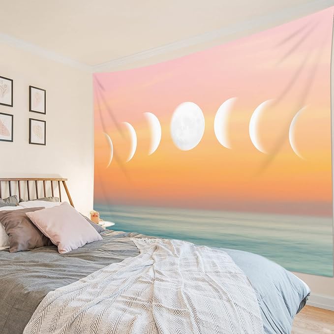 LB Orange Sky Moon Phase Tapestry, Pink and Orange Sunshine Over Teal Ocean Wall Tapestry for Bedroom, Nature Landscape Wall Hanging Tapestry Wall Art for Living Room Home Decor, 59 x 51 Inches