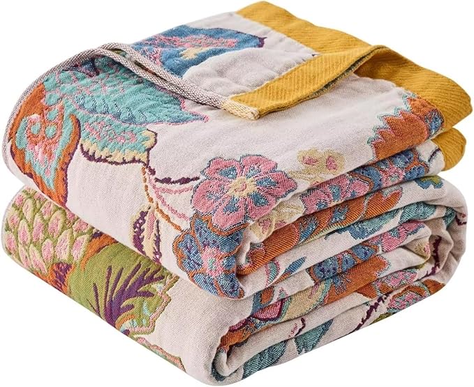 Boho Throw Blanket Farmhouse Decor Throw Blanket Bohemian Blanket for Bed 100% Cotton Muslin Woven Couch Blanket All Seasons Quilt Bedroom (Beige, 80"x90")