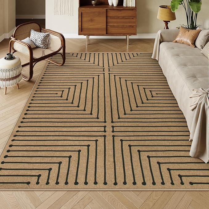 Lahome Neutral Geometric Washable Rugs 8x10, Farmhouse Living Room Outdoor Patio Rug, Nature Rhombus Non Slip Non Shedding Indoor Outdoor Carpet for Backyard Deck Office Classroom Decor