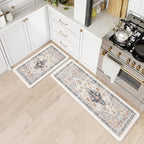 Collive Boho Kitchen Mats for Floor 2 PCS, Cushioned Anti Fatigue Kitchen Floor Mat Non-Skid Waterproof Sink Rug, Blue/Multi Comfort Standing Desk Mat for Office, Home, 17.3"x29"+17.3"x47"