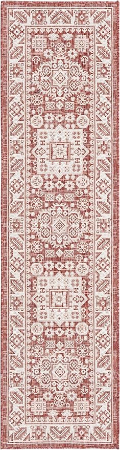 Rugs.com Outdoor Aztec Collection Rug – 8 Ft Runner Rust Red Flatweave Rug Perfect for Hallways, Entryways