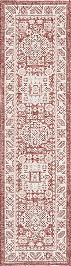 Rugs.com Outdoor Aztec Collection Rug – 8 Ft Runner Rust Red Flatweave Rug Perfect for Hallways, Entryways