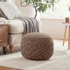 Ornavo Home Pouf Ottoman Foot Rest - 100% Cotton Pouffe - Hand Knitted Macrame Braid - Boho Round Stuffed Ottoman for Living Room, Bedroom - Taupe/Brown