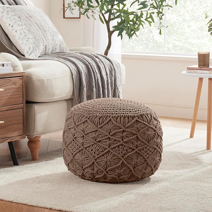 Ornavo Home Pouf Ottoman Foot Rest - 100% Cotton Pouffe - Hand Knitted Macrame Braid - Boho Round Stuffed Ottoman for Living Room, Bedroom - Taupe/Brown