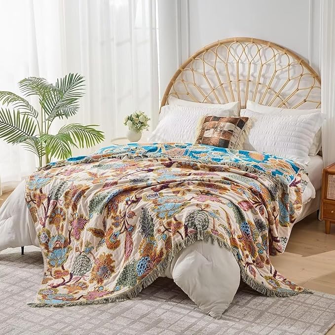 Boho Throw Blanket Farmhouse Decor Throw Blanket Bohemian Blanket for Bed 100% Cotton Muslin Woven Couch Blanket All Seasons Quilt Bedroom (Beige, 60"x80")