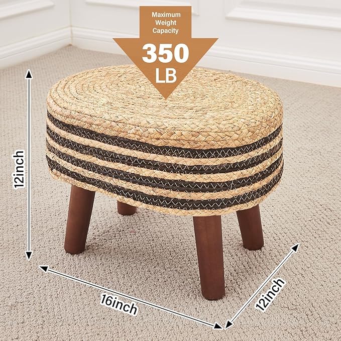 Cpintltr Round Ottoman Natural Seagrass Footstool Hand Weave Water Hyacinth Poufs Eco Friendly Sofa Foot Stool Soft Step Stool Padded Foot Rest with Pine Legs for Living Room (Black and Solid)
