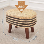 Cpintltr Round Ottoman Natural Seagrass Footstool Hand Weave Water Hyacinth Poufs Eco Friendly Sofa Foot Stool Soft Step Stool Padded Foot Rest with Pine Legs for Living Room (Black and Solid)