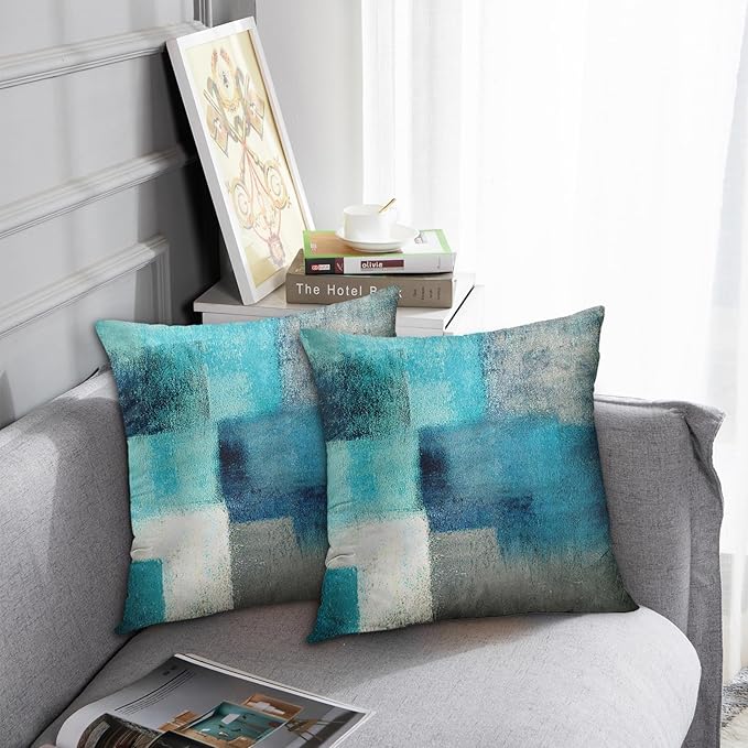 Emvency Set of 2 Turquoise White and Gray Throw Pillow Covers Modern Abstract Teal Painting Decorative Pillow Cases Home Decor Standard Square 26x26 Inches Pillowcases