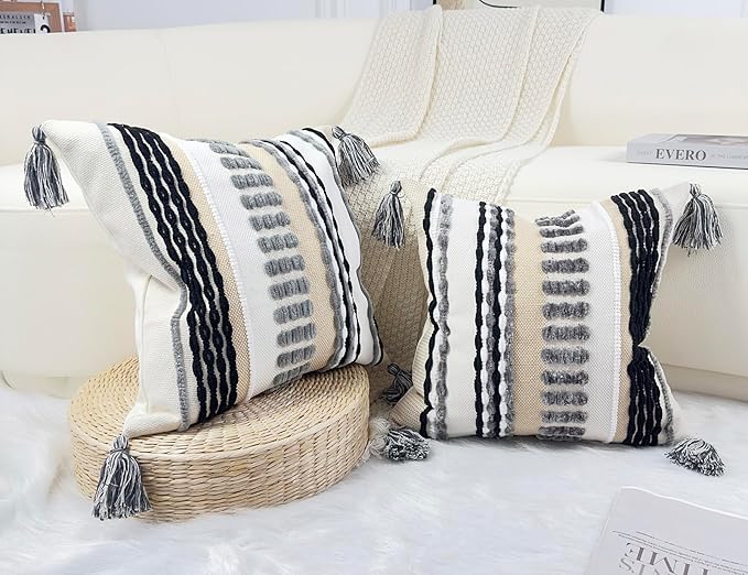 Boho Throw Pillow Covers 16x16 Aesthetic Neutral Boucle Couch Pillow Cover Rainbow Striped Decorative Accent Pillow Case for Couch Bed Sofa Farmhouse Bedroom,Modern Funky,Set of 2 Grey
