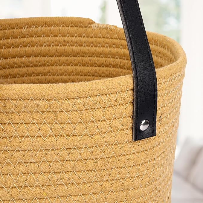 2 Pack Highland Cow Woven Hanging Basket with Leather Handle, Small Cute Brown Cotton Rope Wall Storage Basket for Plants Toys Remotes, Foldable Round Boho Decor (7.8x7inch)