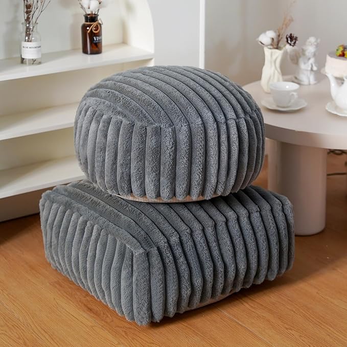 Unstuffed Pouf Ottoman Cover Soft Storage Extra Seat Farmhouse Comfortable Bohemian Poufs Accent Footrest 20x20x8 Inches for Living Room Bedroom Study Nook (Gray B, Square)
