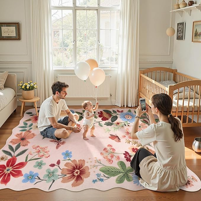 Lahome Floral Living Room Rugs, Pink Area Rugs 5x7 Rug for Bedroom Ultra-Thin Soft Non-Slip Washable Rugs Stain Resistant Throw Boho Carpet for ‎‎Nursery Classroom Flore, Light Pink