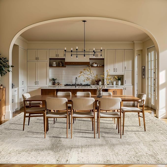 9x12 Area Rugs for Living Room Bedroom, Large Washable Rug, Beige Vintage Retro Boho Rug, Non Slip & Low Pile Faux Wool Carpet for Indoor Dining Room and Kids Room(Beige 9x12ft)