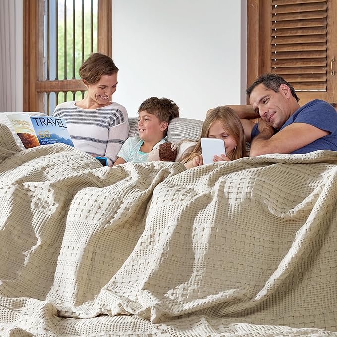 VHC Brands 100% Cotton Waffle Weave Natural Oversized King Size Blanket 120x120, Decorative Cotton Throw Blanket, Boho Farmhouse Bedroom Decor for Bed, Couch, or Sofa