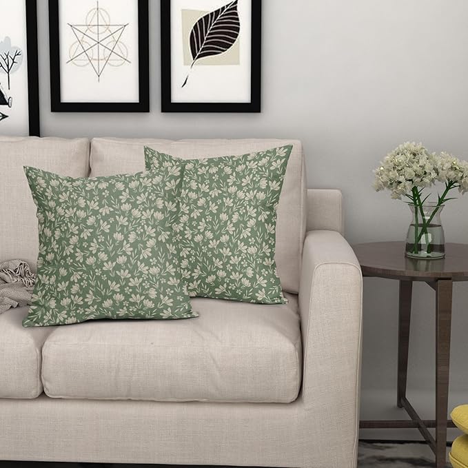 Spring Sage Green Pillow Covers 16x16 Set of 2 Vintage Floral Rustic Old Style Cute Flower Print Decorative Outdoor Pillowcases Seasonal Farmhouse Throw Cushion Case Decor for Couch Sofa Bed