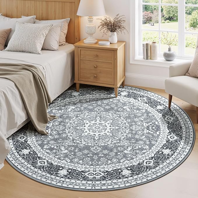 Lessymo 6FT Washable Round Area Rugs for Living Room, Non Slip Circle Rugs Low Pile Vintage Carpet for Bedroom, Dining Room, Nursery, Home Office, Grey White