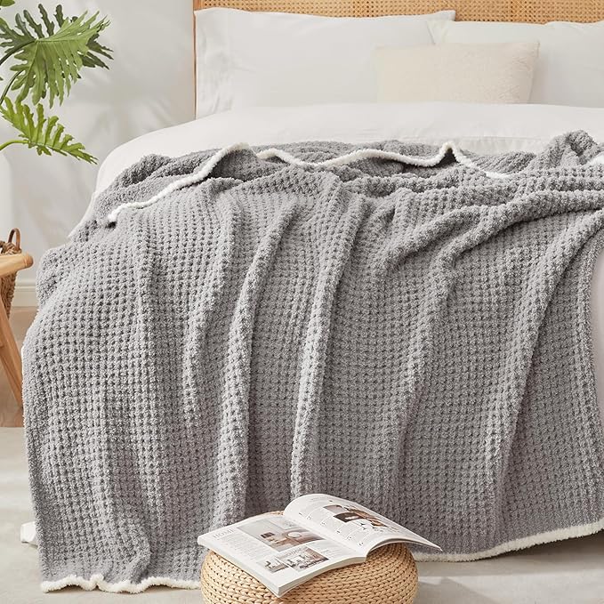 Snuggle Sac Ultra Soft Waffle Throw Blanket for Couch Bed Sofa 50x60 inches, Reversible Grey Blanket Microfiber Fluffy Fuzzy Cozy Knit Throws for Women Mothers Birthday Gifts