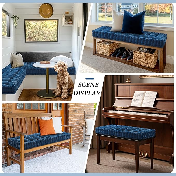 Geelin 48x18 Inch Bench Cushions for Indoor Furniture Window Chenille Velvet Navy Blue Button Tufted Thicken Seat Pad Mat with Memory Foam Sofa Chair Daybed Floor Pillow for Living Room Porch Swing