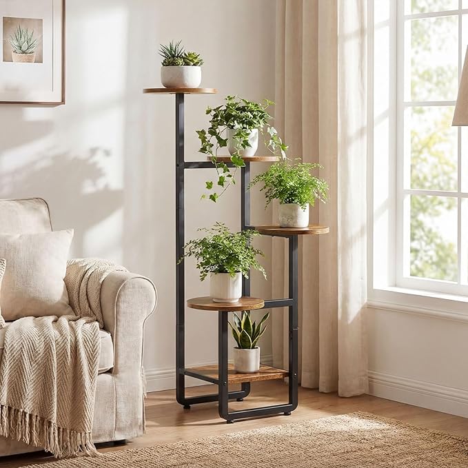 HOOBRO Plant Stand Indoor, 5 Tiered Corner Plant Shelf Flower Stand for Multiple Indoor Plants, Round Plant Flower Display Shelf for Living Room, Balcony, Patio, Rustic Brown and Black BF07HJ01