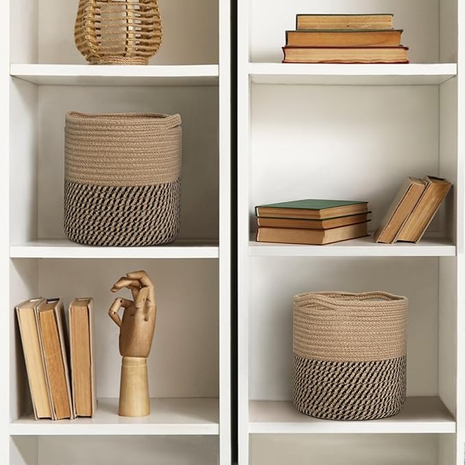 Woven Jute Plant Basket, Wicker Basket Planter up to 7" Pot, Round Indoor Tree Pot Cover, Small Boho Planter, Decorative Bins for Plants and Home Decor, 8”x8”x8, Black Stripes