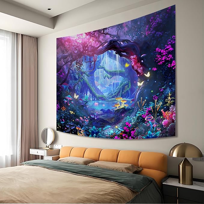 Apdidl Forest Nature Room Decor Tapestry Wall Hanging, Fantasy Trees Butterfly Mushroom Tapestries for Bedroom, Blue Colorful Floral Magical Plants Jungle Landscape Backdrop for Living Room 60"X79"