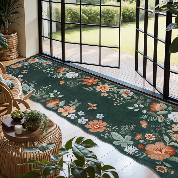Lahome Floral Washable Runner Rug, 2'6''x8' Soft Hallway Runner Rug Non Slip, Boho Ultra-Thin Kitchen Runners for Hallways Carpet for Laundry Bedroom Bathroom Flore (Dark Green)
