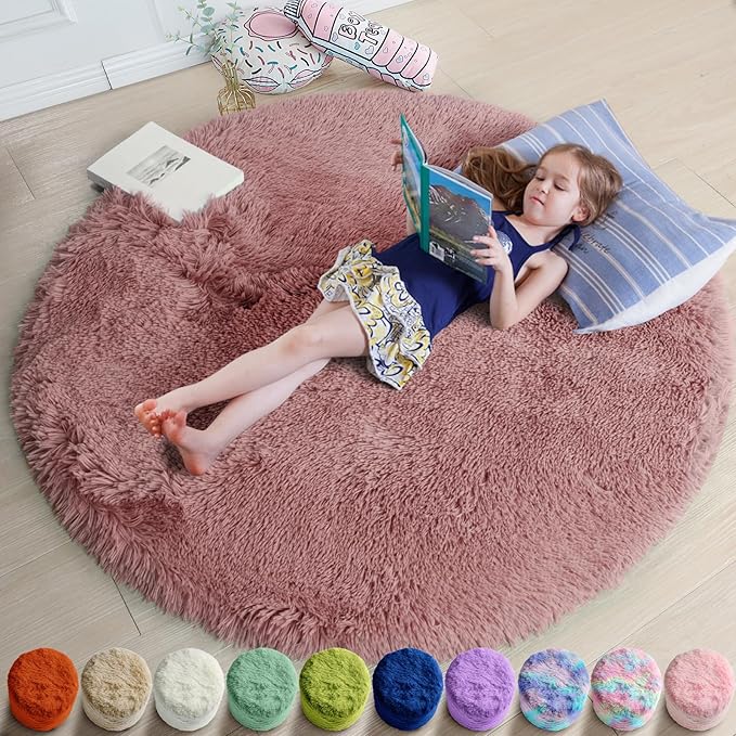 Blush Pink Fluffy Round Rug 4Ft for Bedroom, Fuzzy Furry Circle Area Rugs for Kids Room Decor Aesthetic, Shaggy Circular Carpet for Girls Nursery Dorm Baby Teen, Cute Neutral Dusty Rose Mauve Rug