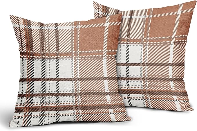 Kawani Fall Orange Grey Plaid Pillow Covers 20X20 Inch Autumn Retro Buffalo Tartan Decorative Pillow Cases Set of 2 Thanksgiving Farmhouse Throw Pillows for Cushion Sofa Couch Outdoor