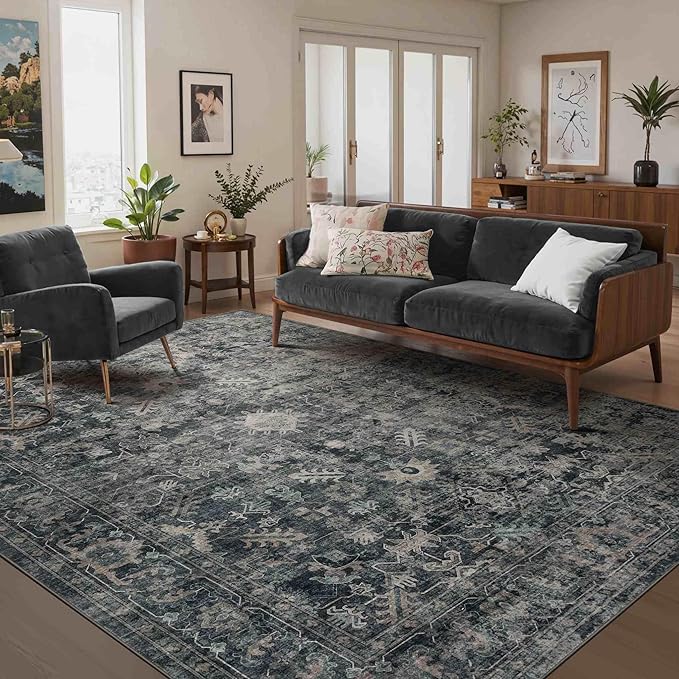 6x9 Area Rugs for Living Room Bedroom, Large Washable Rug, Blue Vintage Floral Boho Style, Non Slip & Low Pile Carpet for Indoor Dining Room, Dorm and Kids Room(Blue 6x9ft)