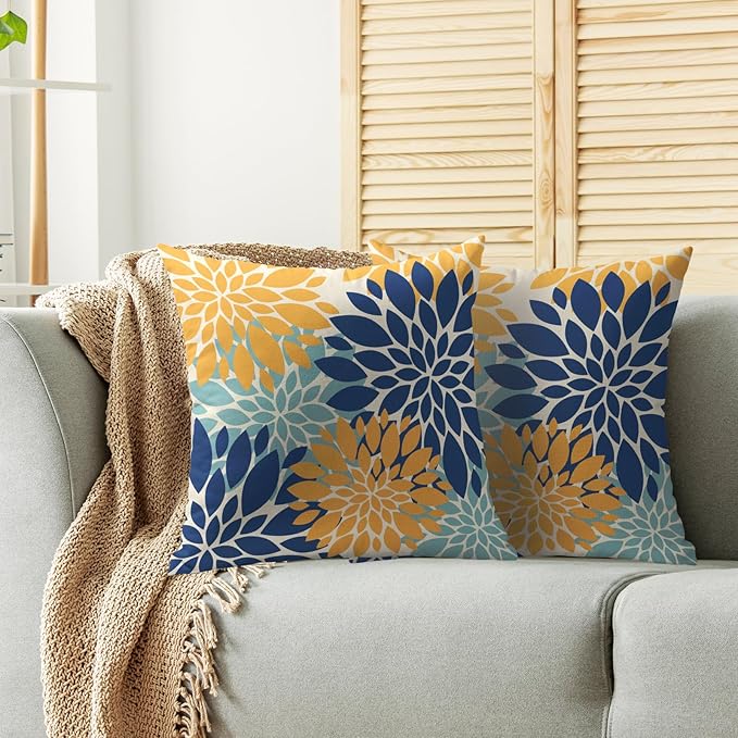 Yellow Blue Aqua Pillow Covers 18X18 Inch Set of 2, Summer Floral Dahlia Flower Decorative Throw Pillow Covers Outdoor Modern Farmhouse Cushion Case for Home Couch Sofa Bed Decor