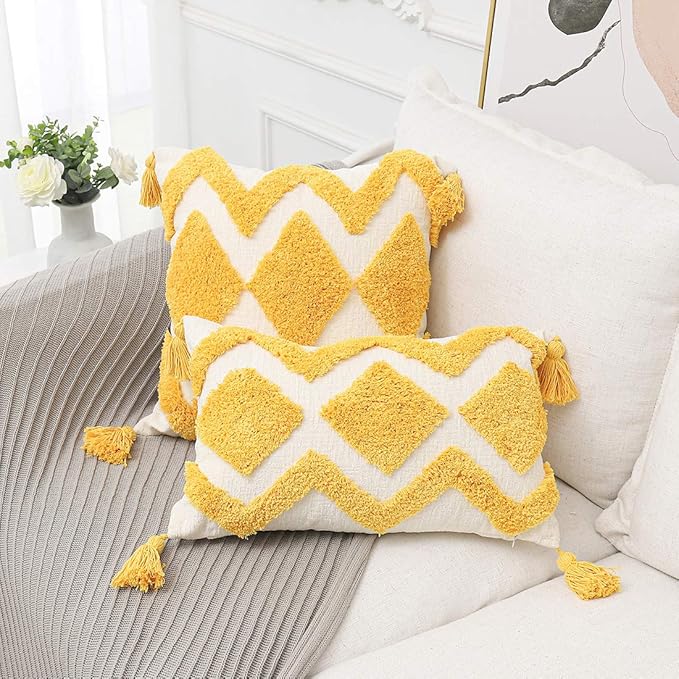 Boho Yellow Lumbar Throw Pillow Cover 12x20 Inch with Tassels, Moroccan Tufted Cream Chenille Fabric Small Accent Textured Cushion Case for Bed Couch, 1 PC Cover Only No Insert