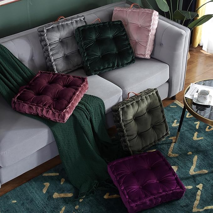 vctops Christmas Square Solid Color Velvet Seat Cushion with Handle Tufted Thicken Chair Pad Tatami Floor Pillow Cushion 16.5"x16.5"x4" Red
