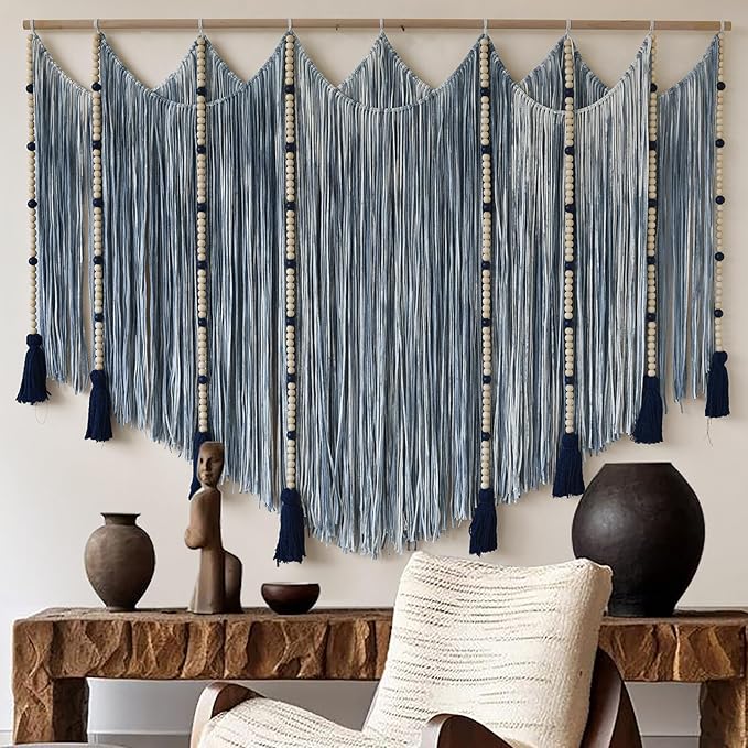 Jakalin Macrame Wall Hanging Blue dip dye Handcrafted Decorative Art for Living Room Bedroom or Office Boho Chic Modern Wall Decor with Unique Beadwork 57" W × 43" L