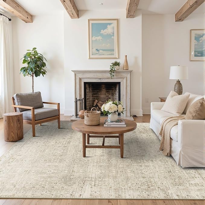 5x7 Area Rugs for Living Room Bedroom, Beige Washable Neutral Rug, Vintage Floral Retro Boho Non Slip & Low Pile Carpet for Dining Room, Classroom, Dorm, Nursery and Kids Room-Beige/Cream